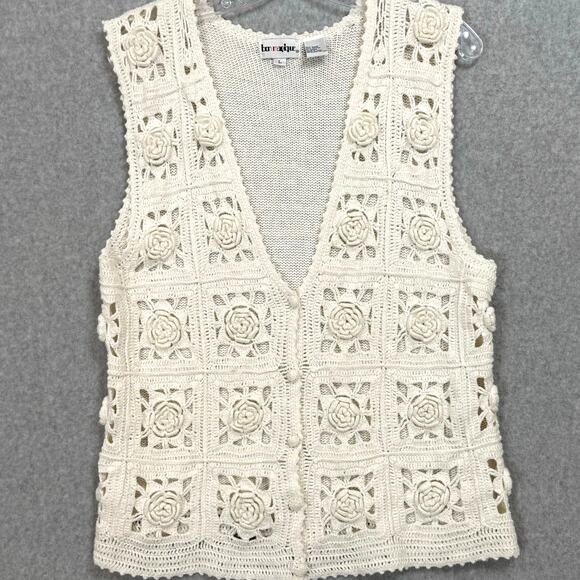 Vintage 90s Crochet Sweater Vest Sz L Cardigan Cottagecore Grannycore Rosette - Picture 3 of 16